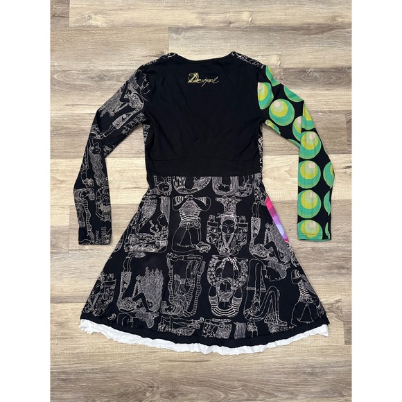 Desigual Black Graphic Print Long Sleeve A-Line Dress XL - Picture 6 of 6